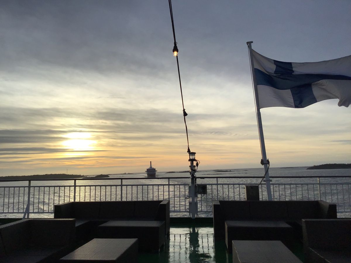 Suomen järvimaisema, kuusimetsä ja revontulen sävyinen taivas